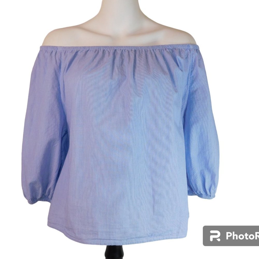 Maeve Anthropologie Pinstripe Poplin Off Shoulder Blouse Balloon Style Sleeves